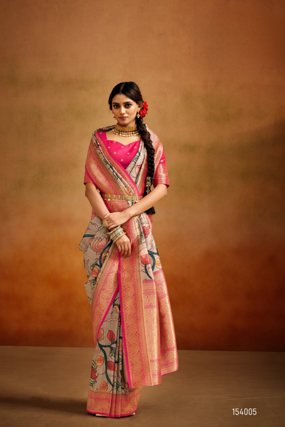 Tusser Silk Saree with Kalamkari Print & Banarasi Zari Border