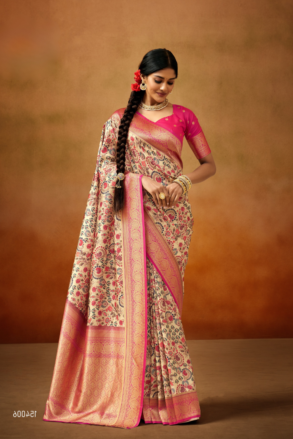 Tusser Silk Saree with Kalamkari Print & Banarasi Zari Border