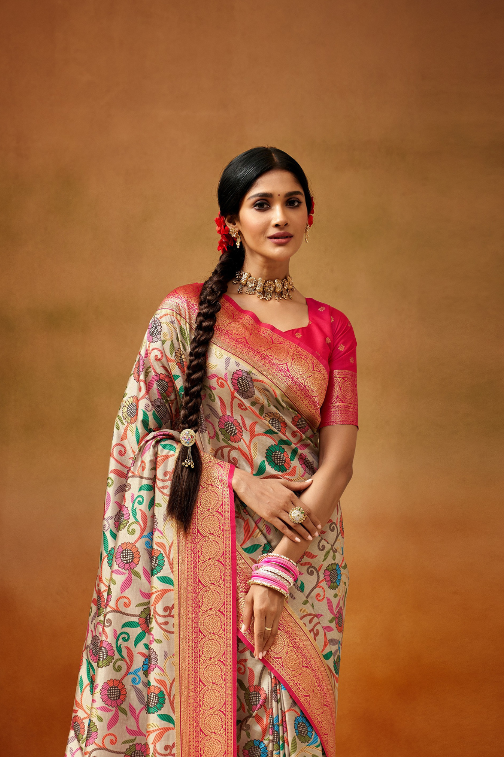 Tusser Silk Saree with Kalamkari Print & Banarasi Zari Border