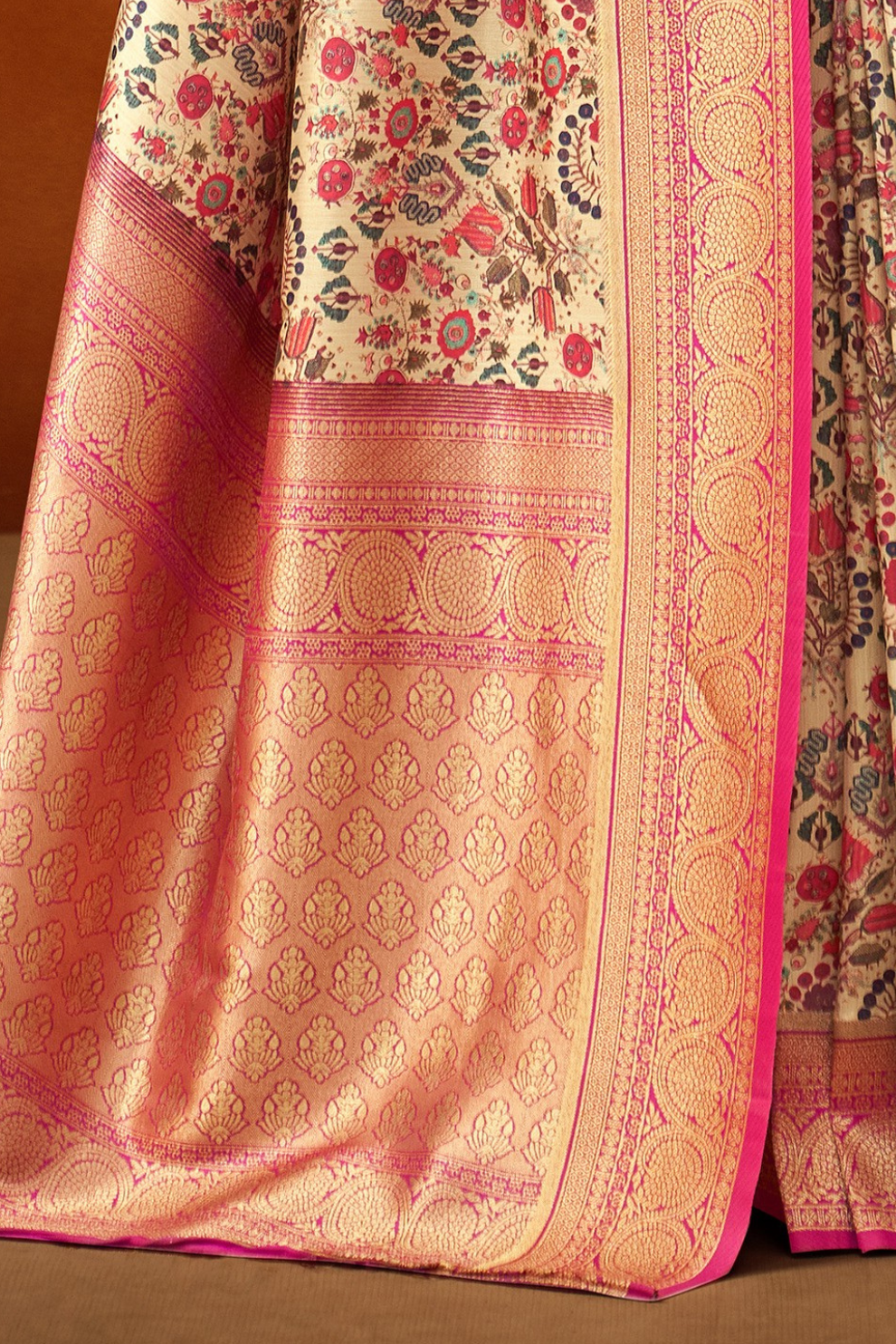 Tusser Silk Saree with Kalamkari Print & Banarasi Zari Border