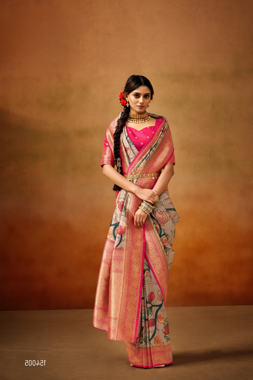 Tusser Silk Saree with Kalamkari Print & Banarasi Zari Border