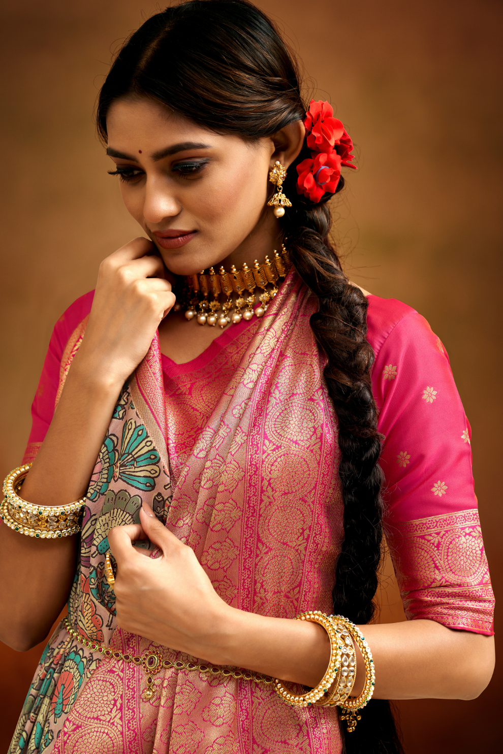 Tusser Silk Saree with Kalamkari Print & Banarasi Zari Border