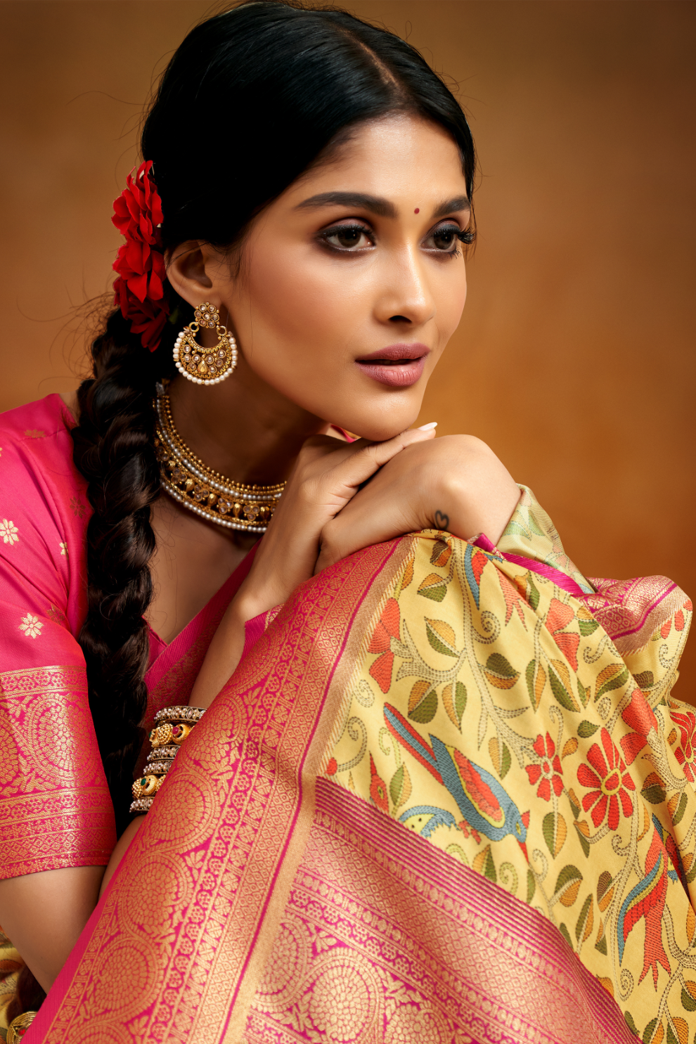 Tusser Silk Saree with Kalamkari Print & Banarasi Zari Border