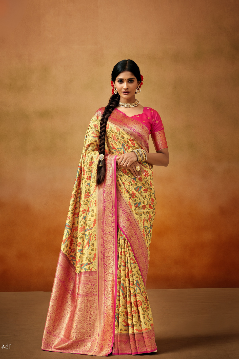 Tusser Silk Saree with Kalamkari Print & Banarasi Zari Border