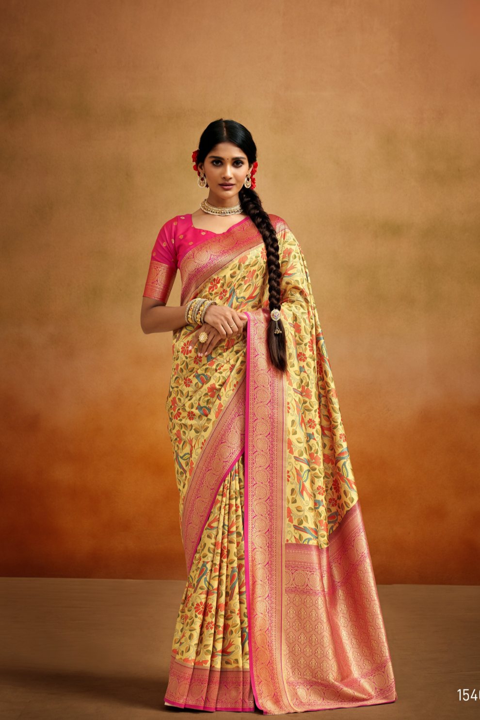 Tusser Silk Saree with Kalamkari Print & Banarasi Zari Border