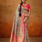 Tusser Silk Saree with Kalamkari Print & Banarasi Zari Border