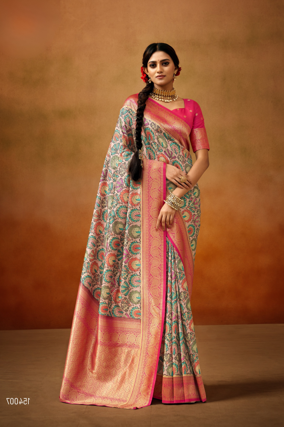 Tusser Silk Saree with Kalamkari Print & Banarasi Zari Border