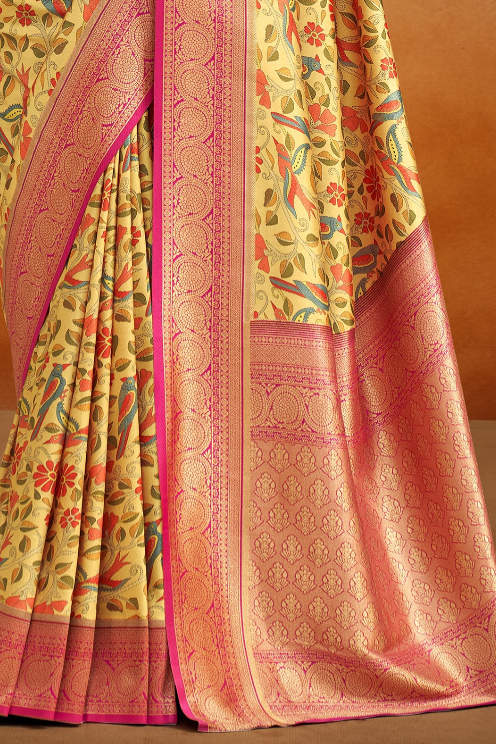 Tusser Silk Saree with Kalamkari Print & Banarasi Zari Border