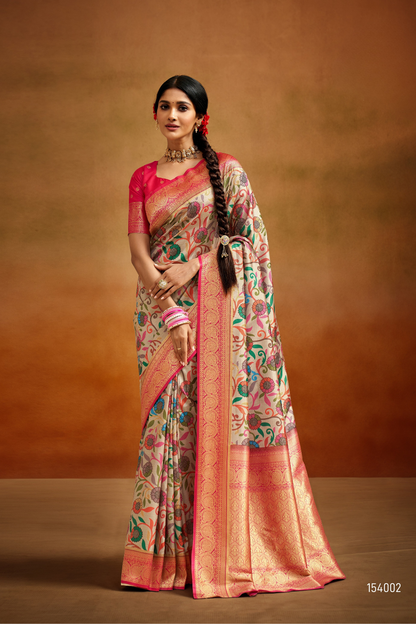 Tusser Silk Saree with Kalamkari Print & Banarasi Zari Border