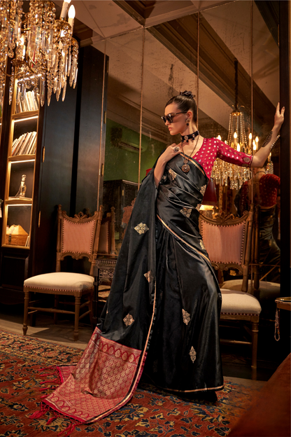 Pure Satin Handloom Silk Saree with Luxurious Weaving Detail