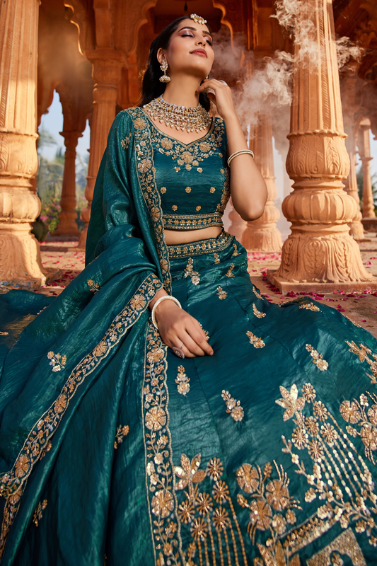 Tissue Fabric Semi-Stitched Lehenga Choli with Handwork Cutdana Embroidery and Dupatta