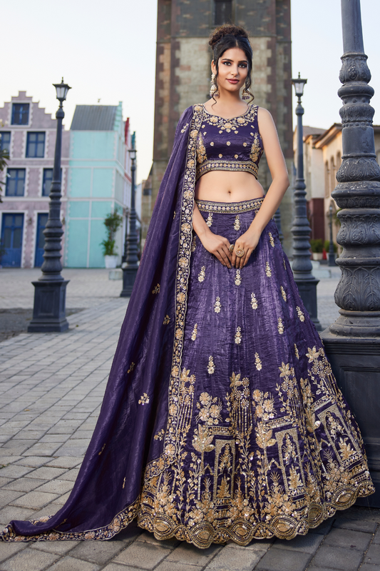 Tissue Fabric Semi-Stitched Lehenga Choli with Handwork Cutdana Embroidery and Dupatta