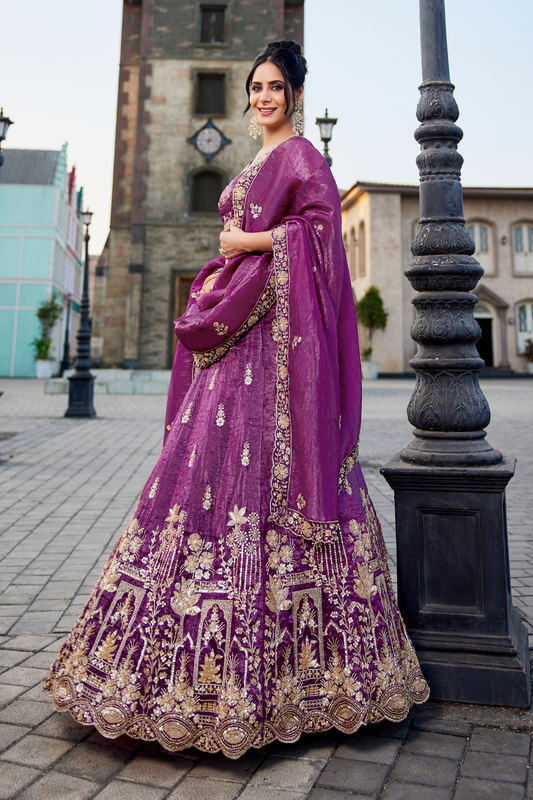 Tissue Fabric Semi-Stitched Lehenga Choli with Handwork Cutdana Embroidery and Dupatta
