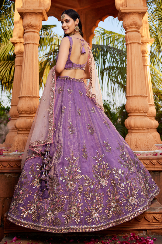 Elegant Tissue Sequin Embroidered Semi-Stitched Lehenga Choli with Dupatta