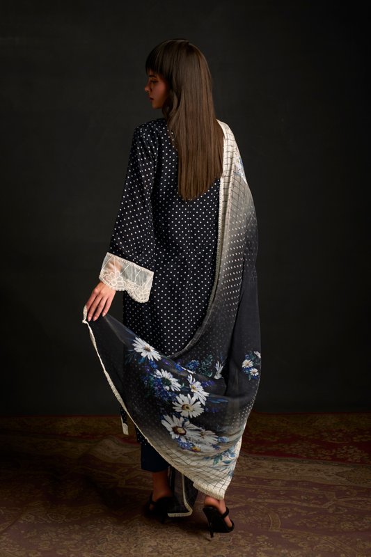 Chic Muslin Salwar Suit with Prints & Embroidered Organza Sleeves