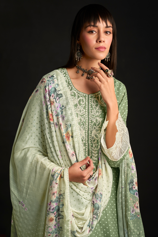 Chic Muslin Salwar Suit with Prints & Embroidered Organza Sleeves