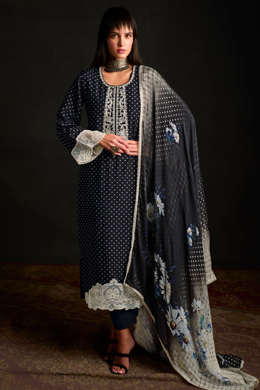 Chic Muslin Salwar Suit with Prints & Embroidered Organza Sleeves