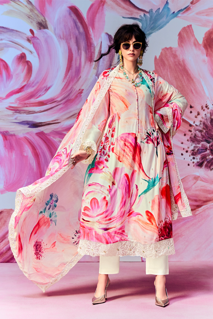 Pure Muslin Embroidered Salwar Suit with Pearl Cutwork Finish