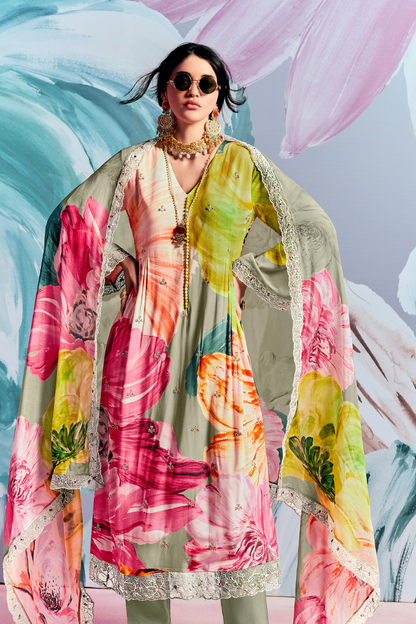 Pure Muslin Embroidered Salwar Suit with Pearl Cutwork Finish