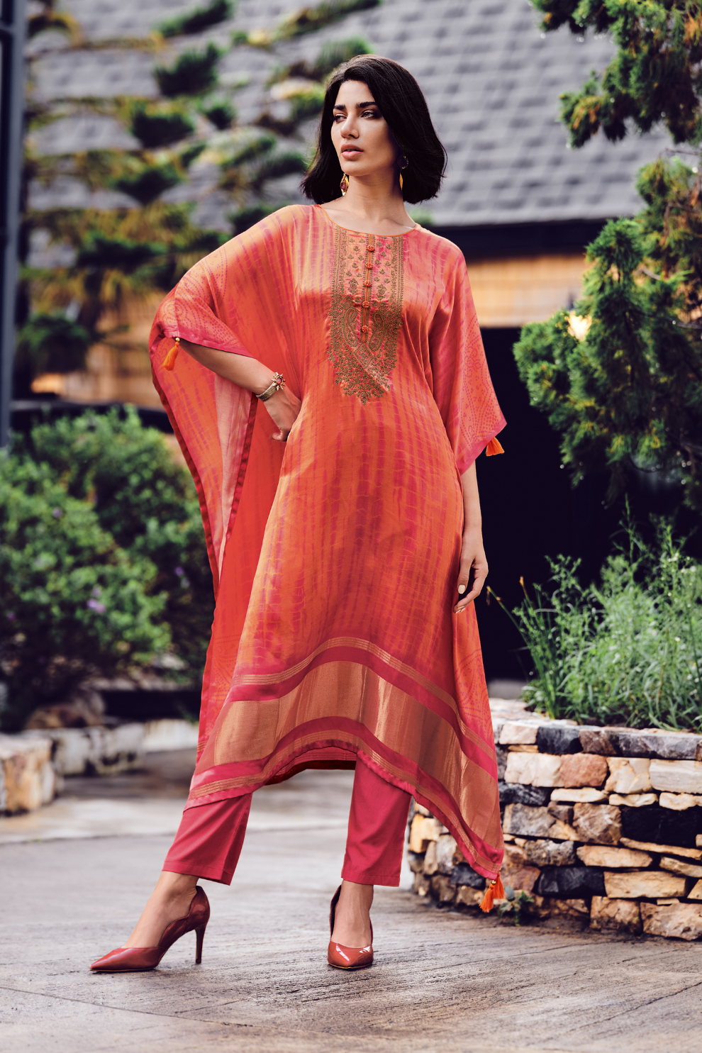 Elegant Shibori Pattern Viscose Kaftan with Pants