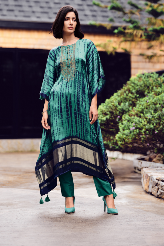 Elegant Shibori Pattern Viscose Kaftan with Pants
