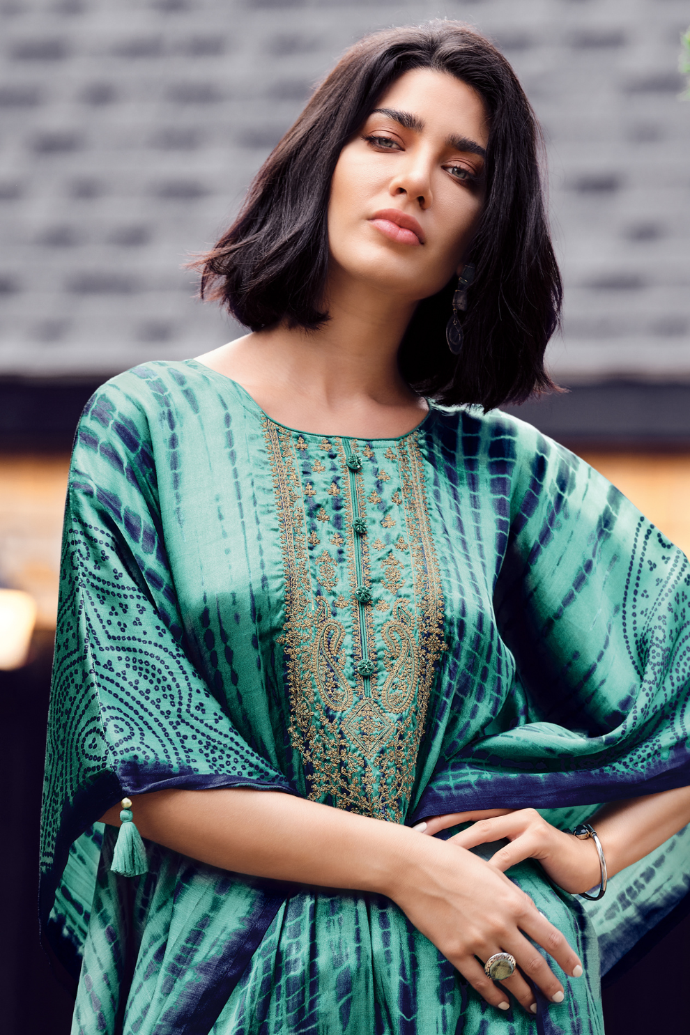 Elegant Shibori Pattern Viscose Kaftan with Pants