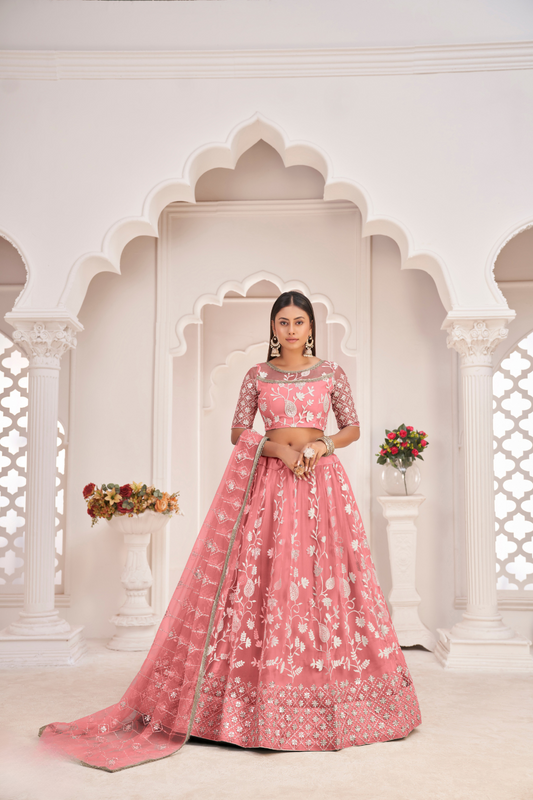 Designer Net Lehenga Set with Thread and Sequin Embroidery