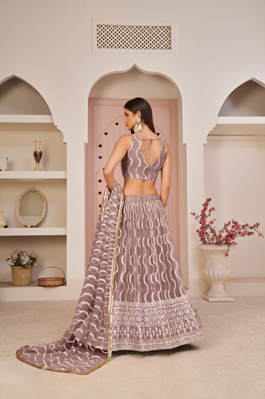 Beautifully Embroidered Net Lehenga with Sequin and Thread Detailing