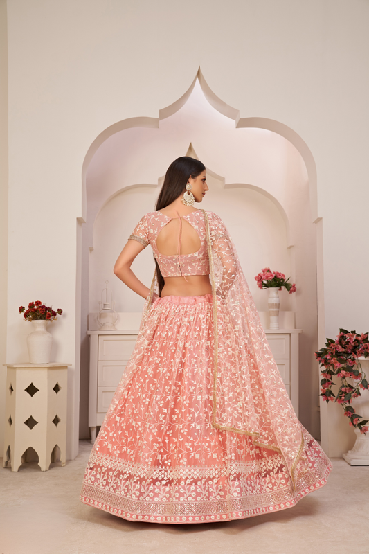 Beautifully Embroidered Net Lehenga with Sequin and Thread Detailing