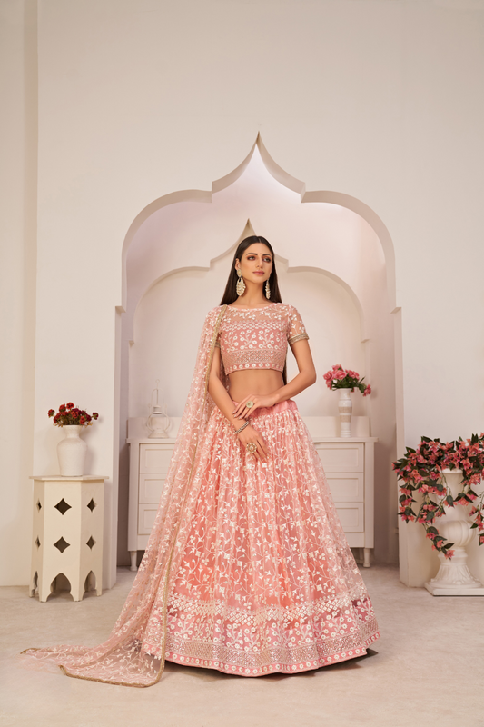 Beautifully Embroidered Net Lehenga with Sequin and Thread Detailing