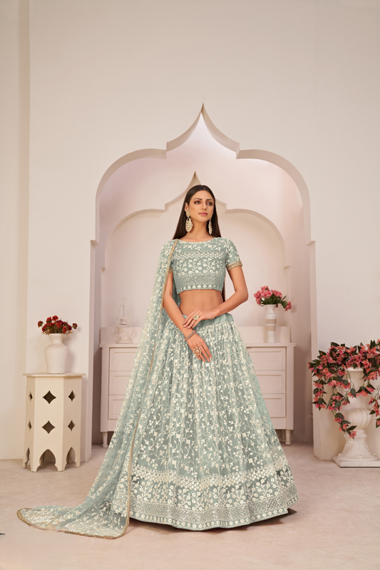 Beautifully Embroidered Net Lehenga with Sequin and Thread Detailing