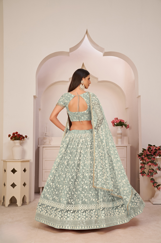 Beautifully Embroidered Net Lehenga with Sequin and Thread Detailing