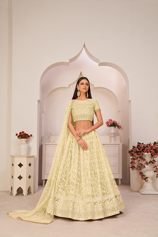 Beautifully Embroidered Net Lehenga with Sequin and Thread Detailing