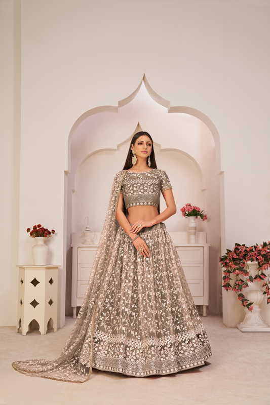 Beautifully Embroidered Net Lehenga with Sequin and Thread Detailing