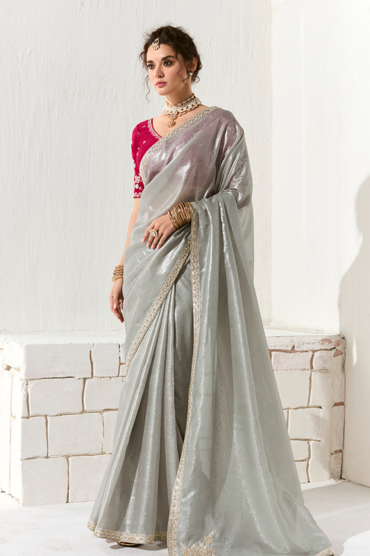 Tissue Silk Saree with Heavy Embroidered Border for Grand Occasions
