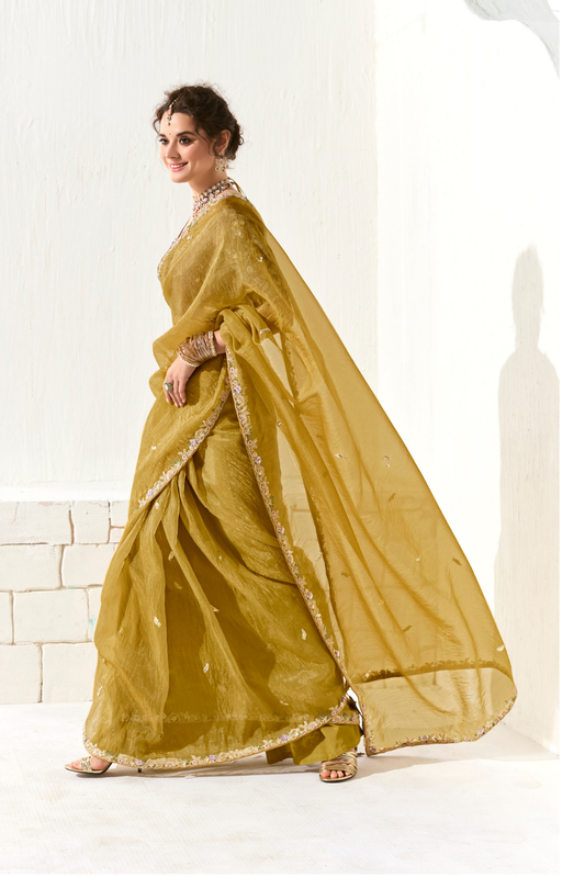 Tissue Silk Saree with Heavy Embroidered Border for Grand Occasions