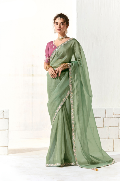 Tissue Silk Saree with Heavy Embroidered Border for Grand Occasions