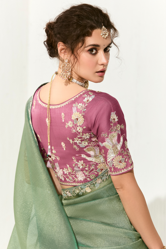 Tissue Silk Saree with Heavy Embroidered Border for Grand Occasions