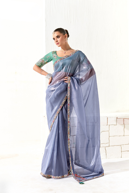 Tissue Silk Saree with Heavy Embroidered Border for Grand Occasions