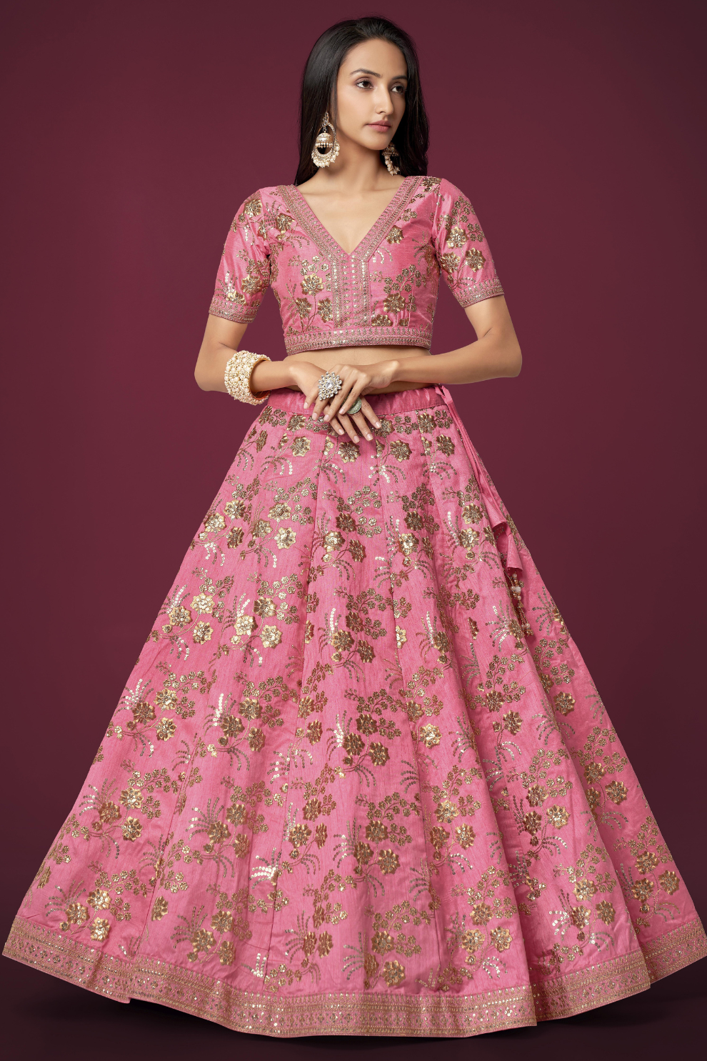 Traditional Slub Silk Lehenga Choli with Sequin Detailing