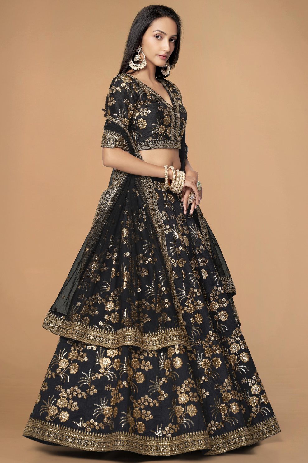Traditional Slub Silk Lehenga Choli with Sequin Detailing