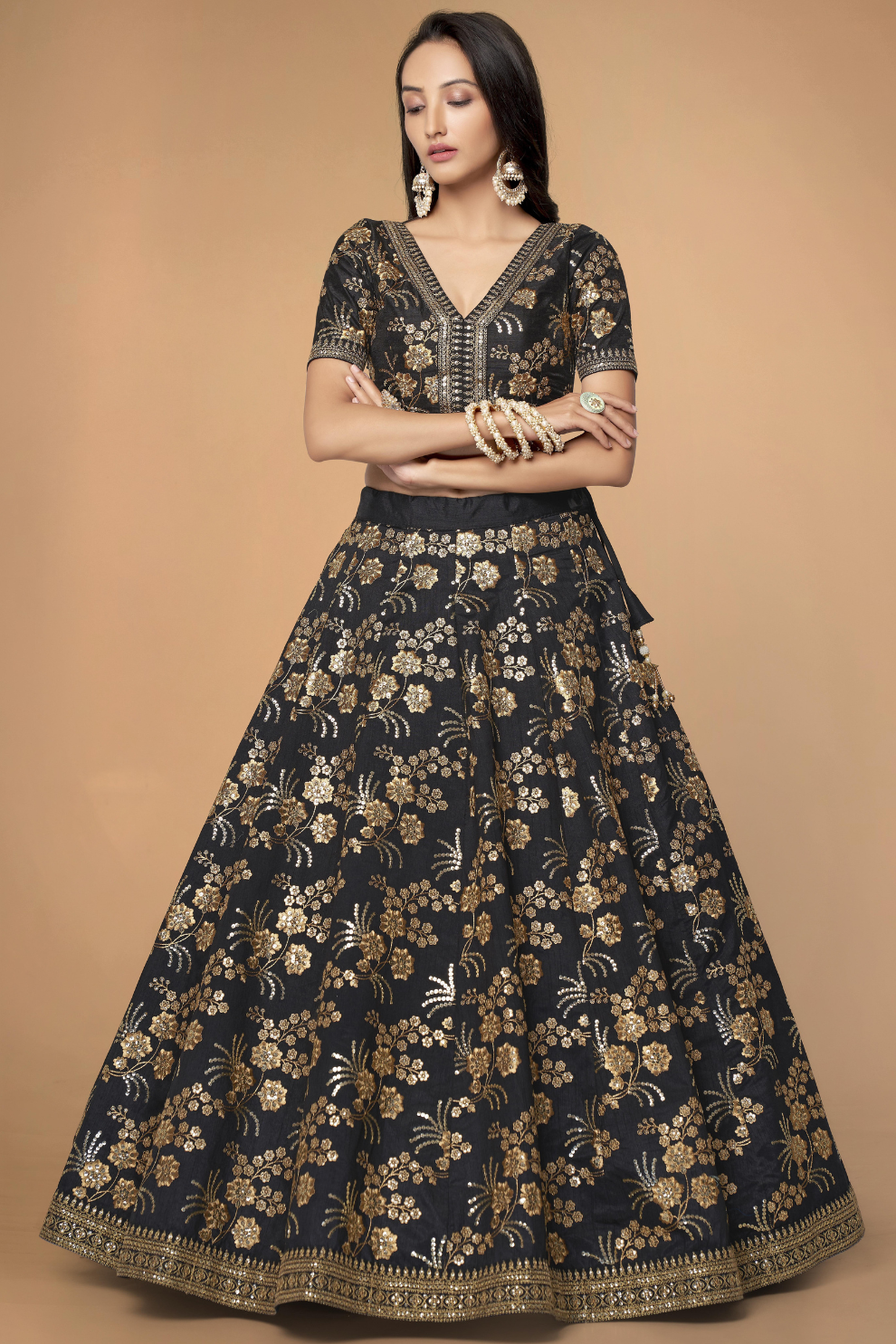 Traditional Slub Silk Lehenga Choli with Sequin Detailing
