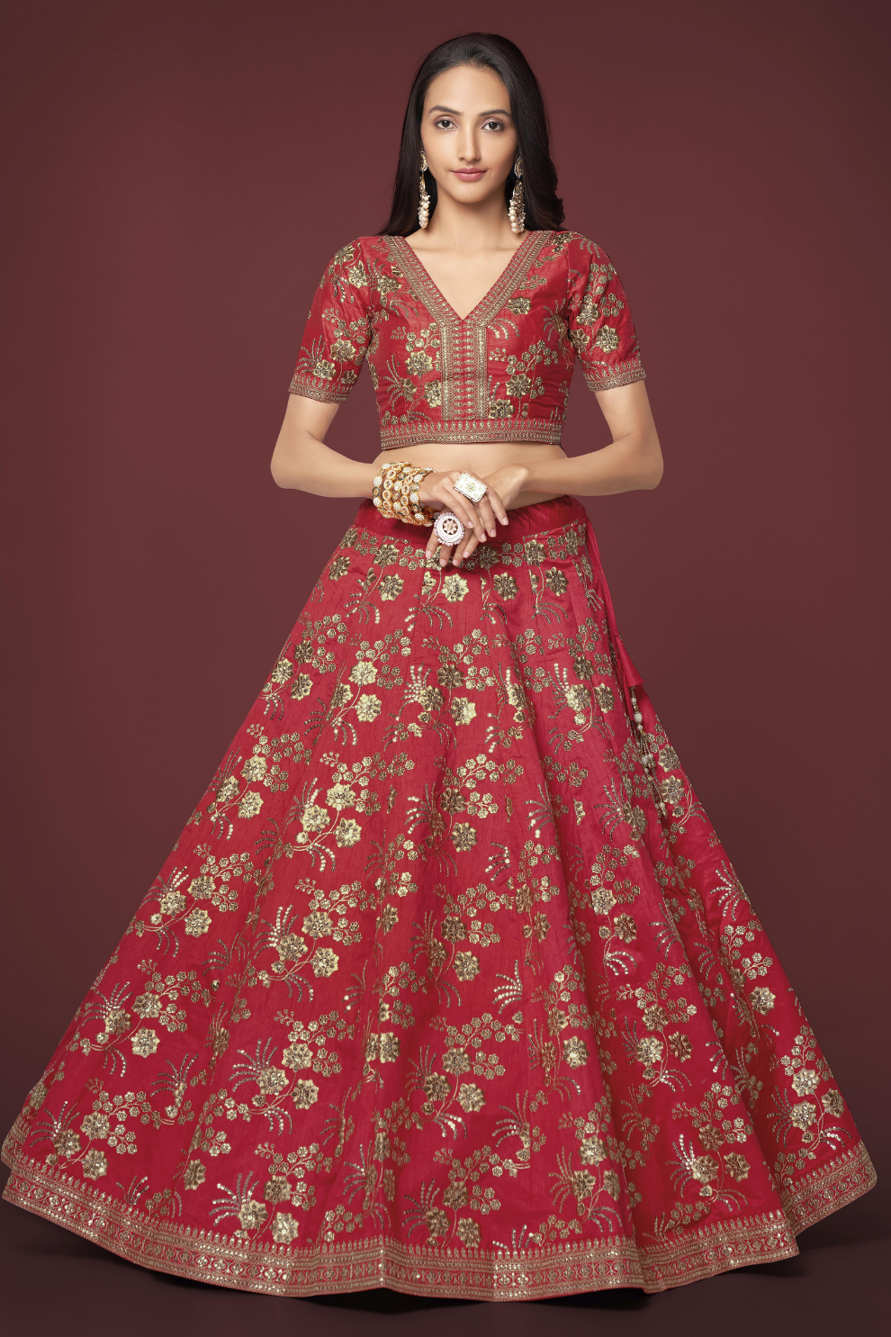 Traditional Slub Silk Lehenga Choli with Sequin Detailing