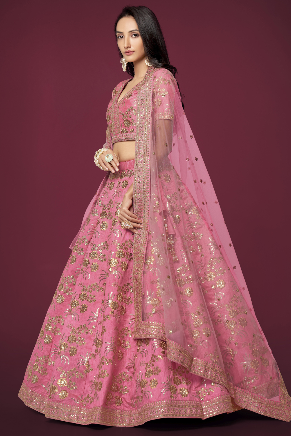 Traditional Slub Silk Lehenga Choli with Sequin Detailing