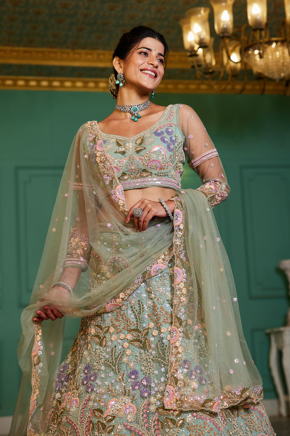 Designer Net Lehenga Choli with Coding and Zarkan Embroidery
