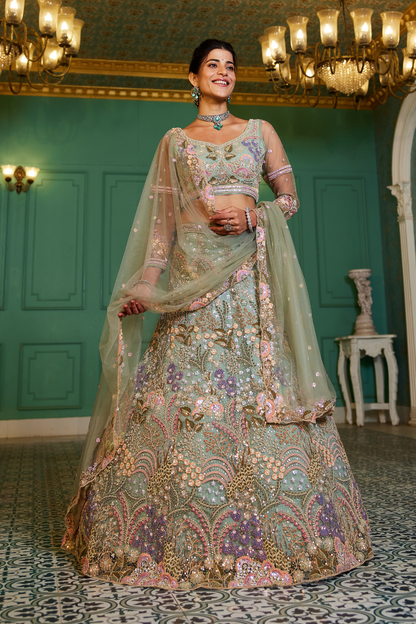 Designer Net Lehenga Choli with Coding and Zarkan Embroidery