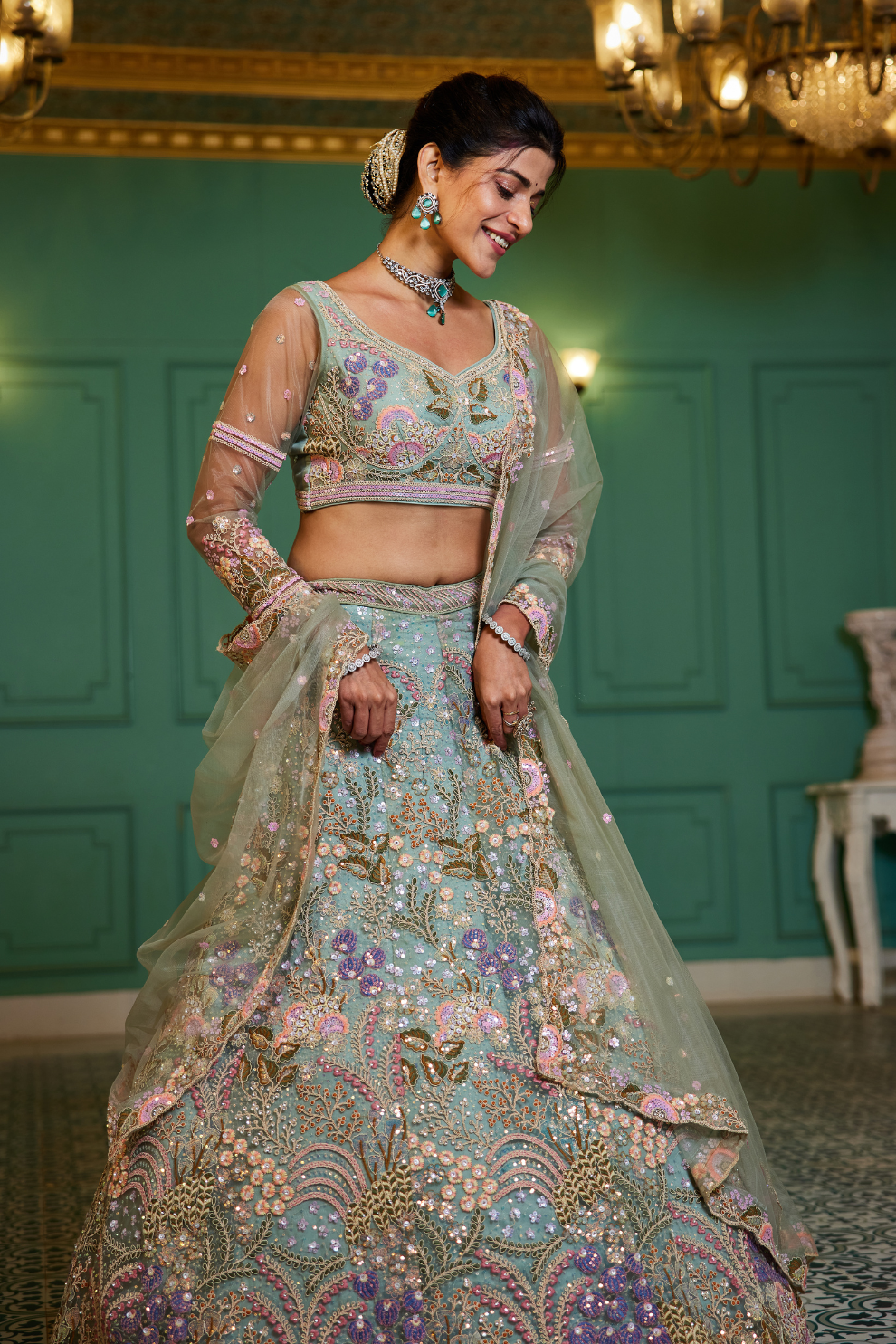 Designer Net Lehenga Choli with Coding and Zarkan Embroidery
