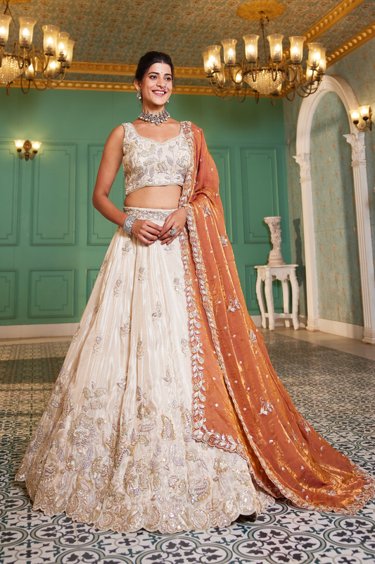 Elegant Tissue Lehenga Choli with Sequins and Thread Embroidery and Matching Dupatta