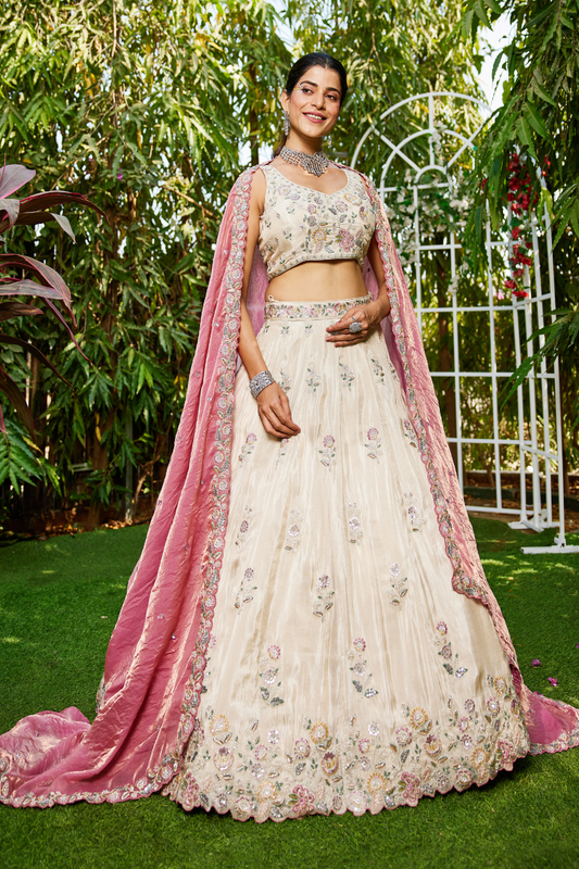 Tissue Semi-Stitched Lehenga Choli with Sequins and Thread Embroidery with Dupatta