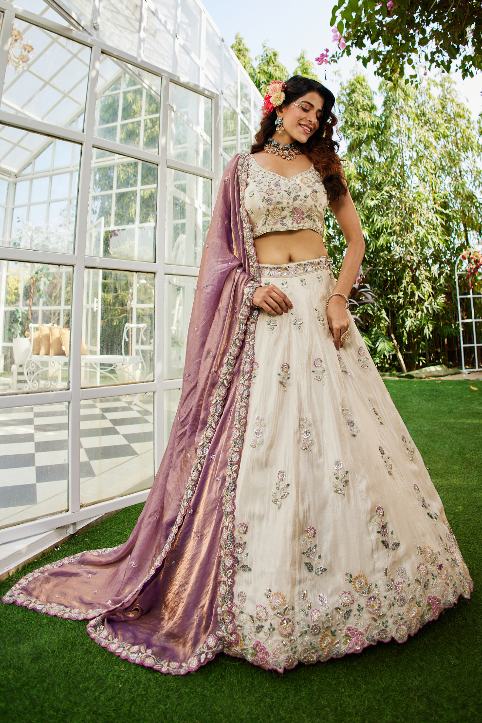 Tissue Semi-Stitched Lehenga Choli with Sequins and Thread Embroidery with Dupatta